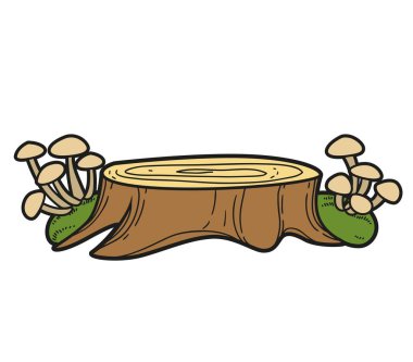 Beyaz arkaplanda izole edilmiş renklendirme sayfası için yosun ve peri mantarı renk varyasyonlu düşük kütük