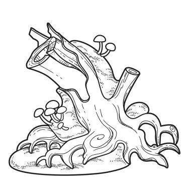 Beyaz arkaplanda izole edilmiş renklendirme için yosun ve mantar doğrusal çizim ile büyük eski kütük