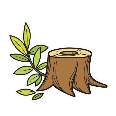 Beyaz arkaplanda izole edilmiş renk sayfası için genç bir ağaç filizi renk varyasyonuna sahip büyük bir kütük değil