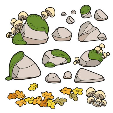 Set of stones, oak leaves, moss and toadstool growing on them color variation for coloring page isolated on white background clipart