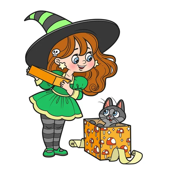 可爱的卡通女巫打开的礼物盒 带有猫的颜色变化 用于白色背景的着色页 — 图库矢量图片