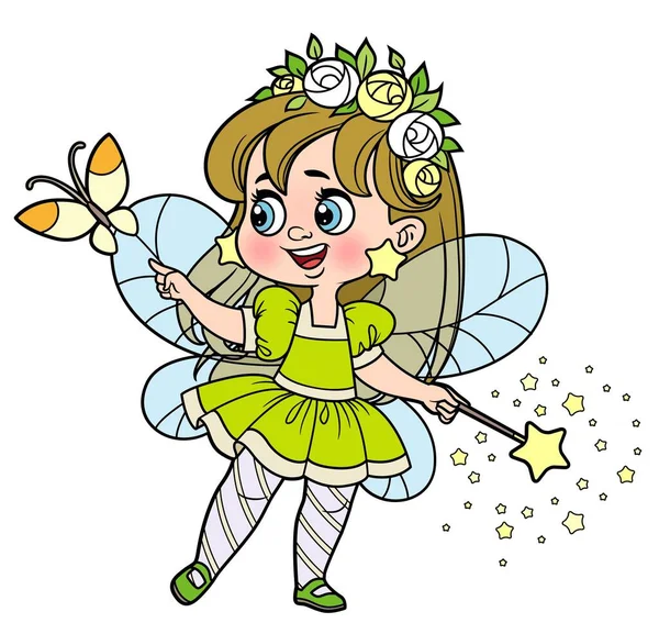 Linda Caricatura Pequeña Hada Con Varita Mágica Mirando Una Mariposa — Vector de stock