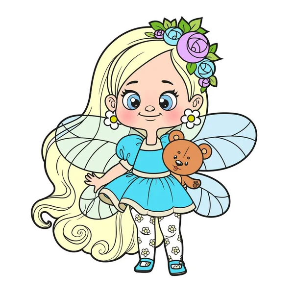 かわいいです漫画小さな妖精で長い髪を保持していますテディベアの色のバリエーションのために着色ページのために隔離された白い背景 — ストックベクタ