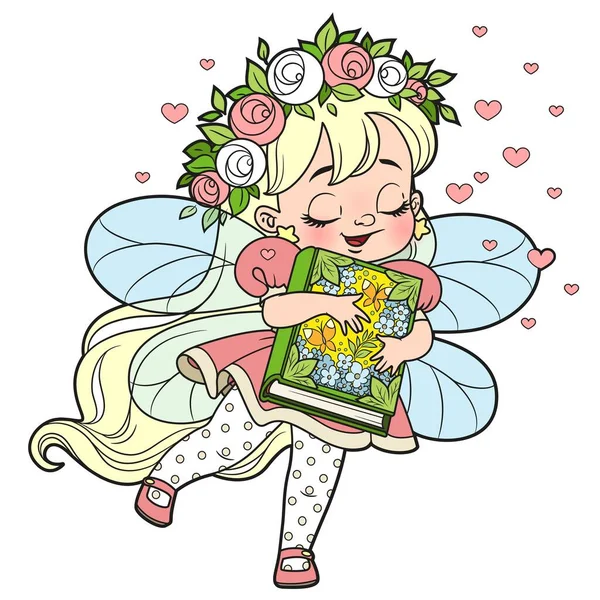 Cute Cartoon Little Fairy Hugging Big Book Color Variation Coloring — Stock Vector