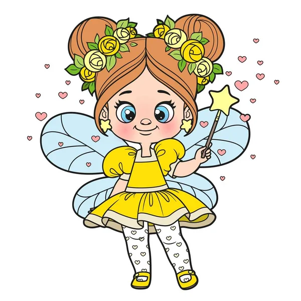 Cute Cartoon Little Fairy Casts Spell Magic Wand Color Variation — Stock Vector