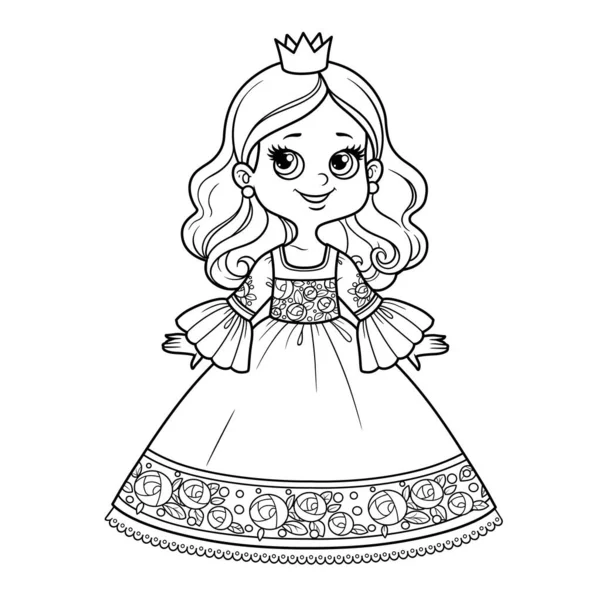 白い背景に着色のためのバラの装飾と小さな王冠アウトラインとボールガウンのかわいい漫画の王女の女の子 — ストックベクタ
