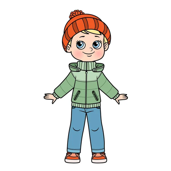 暖かい半季節のジャケット ジーンズ ニット帽の漫画の少年は 白い背景に着色するためのポンポンとスニーカーの色のバリエーションを持つ — ストックベクタ