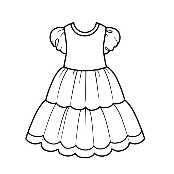 Πλούσιο Καλοκαιρινό Φόρεμα Δύο Επίπεδα Περίγραμμα Φούστα Για Χρωματισμό Λευκό — Διανυσματικό Αρχείο