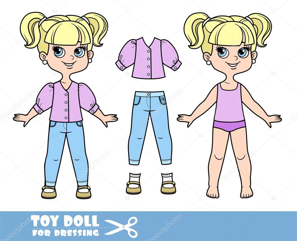 Cartoon girl with ponytails  in underwear, dressed and clothes separately - puff sleeve blouse trousers and sandals doll for dressing