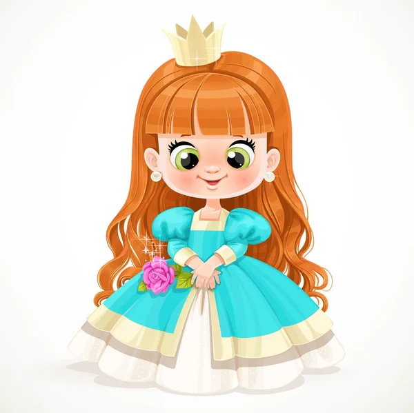 Mignon Bébé Princesse Avec Longs Cheveux Bouclés Brune Robe Bal — Image vectorielle