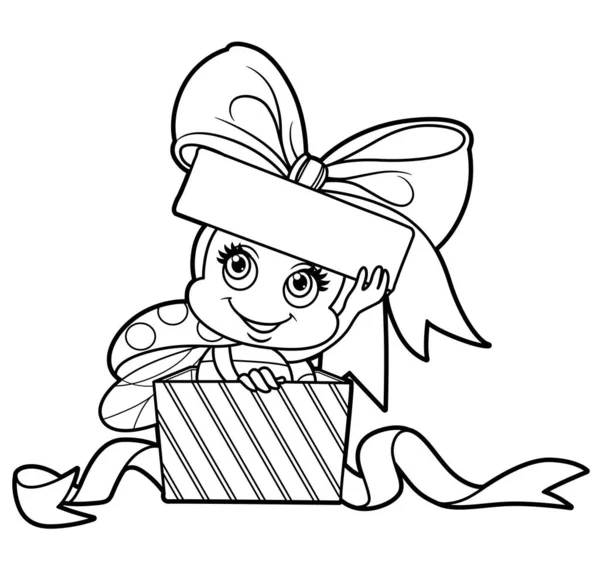 Linda Caricatura Pequeña Mariquita Asoma Fuera Caja Con Contorno Regalo — Vector de stock