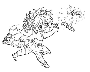 Beyaz arka planda renklendirilmiş yıldızları kovalayan sevimli çizgi film küçük peri.