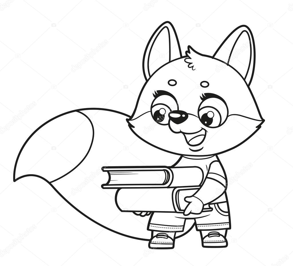 Cute cartoon fox hold a book stack outlined for coloring page on white background