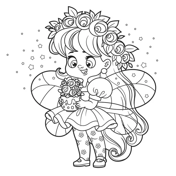 Cute Cartoon Little Fairy Holding Flower Pot Outlined Coloring White — Stock vektor
