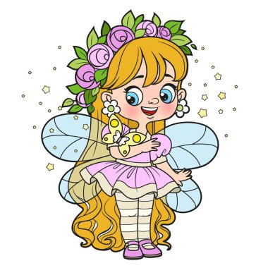 Beyaz arka planda izole edilmiş renk sayfası için kelebek rengi varyasyonuna bakan sevimli çizgi film küçük peri.