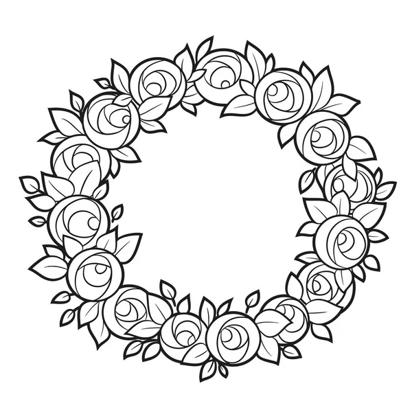 Cadre Couronne Roses Contour Pour Coloration Sur Fond Blanc — Image vectorielle