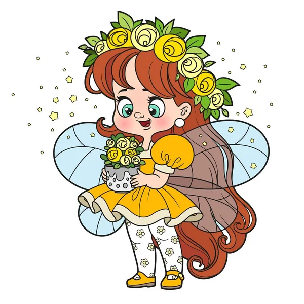 Linda Caricatura Pequeña Hada Sosteniendo Una Variación Color Maceta Flores — Vector de stock