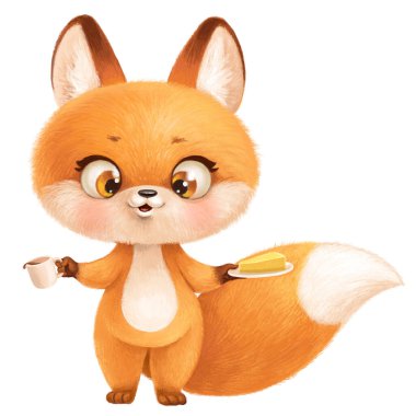 Tatlı pofuduk kırmızı tilki, fincan ve turta tabakta.