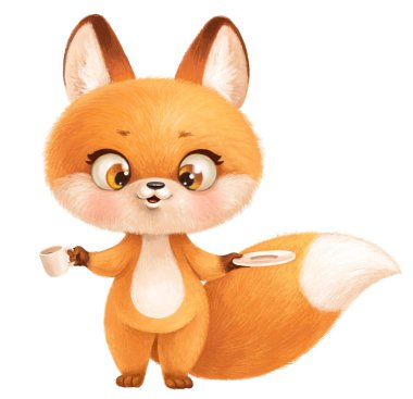 Beyaz arka planda izole edilmiş fincan ve fincan tabağıyla sevimli tüylü kırmızı tilki.