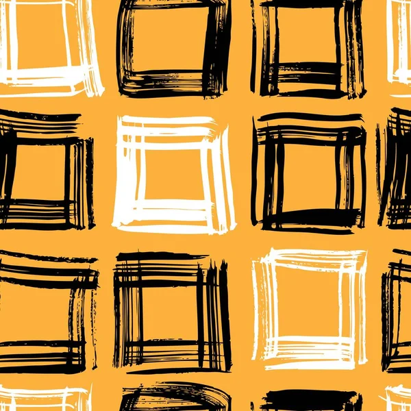 オレンジ地に筆致から黒と白の四角形のシームレスなパターン — ストックベクタ