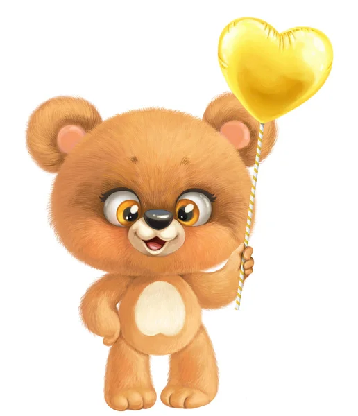 Baby Bear Holding Balloon Heart Shape Isolated White Background — Photo