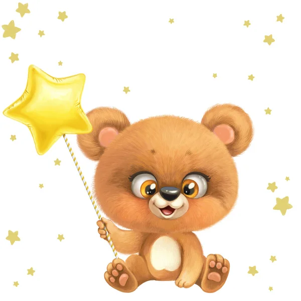 Cute Bear Cub Sits White Background Holds Star Balloon Paw — Stockfoto