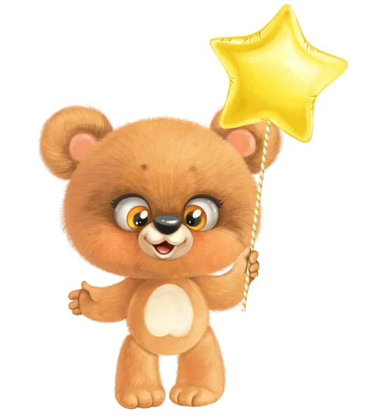 抱着气球的小熊宝宝 其形状是一颗被白色背景隔离的恒星 — 图库照片