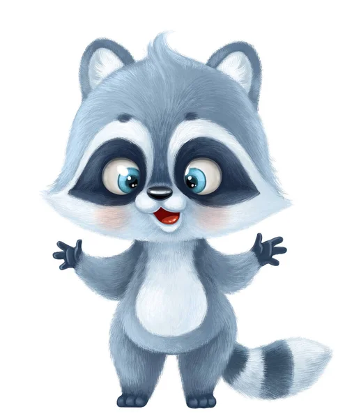 Cute Cartoon Fluffy Baby Raccoon Stand White Background — Stockfoto