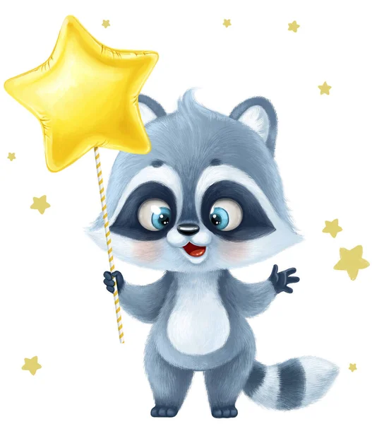 Cute cartoon fluffy baby raccoon holding balloon on a white background
