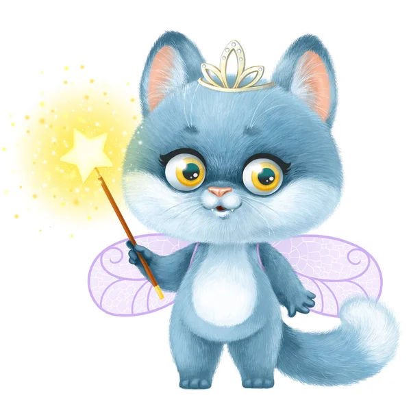 Cute Cartoon Fluffy Gray Kitten Sit Magic Wand Paw Fairy — Stock Photo, Image