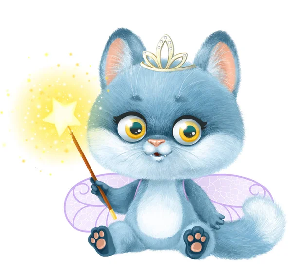 Cute Cartoon Fluffy Gray Kitten Fairy Costume Sit Gold Magic — Stock Photo, Image