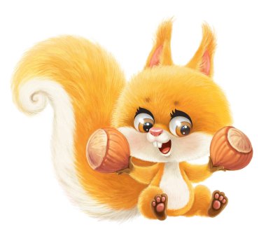 Cute cartoon squirrel with nuts sit on white background