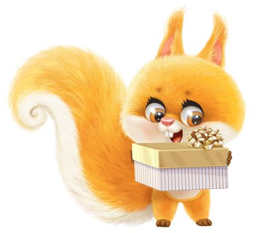 Cute cartoon squirrel with nuts sit on white background