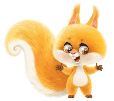 Cute cartoon squirrel with nuts sit on white background