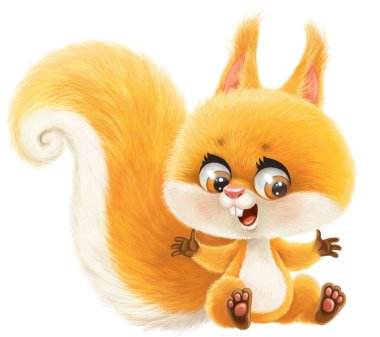 Cute cartoon squirrel with nuts sit on white background