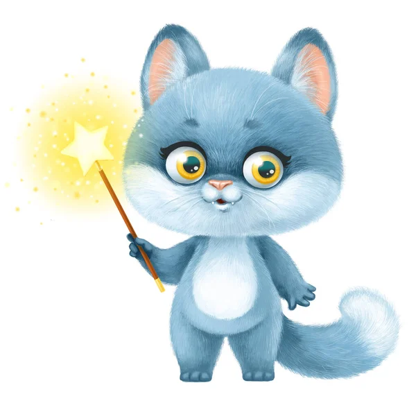 Cute Cartoon Fluffy Gray Kitten Magic Wand Paw Isolated White — Foto Stock