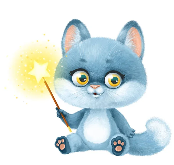Cute Cartoon Fluffy Gray Kitten Sit Gold Magic Wand Paw — Foto Stock