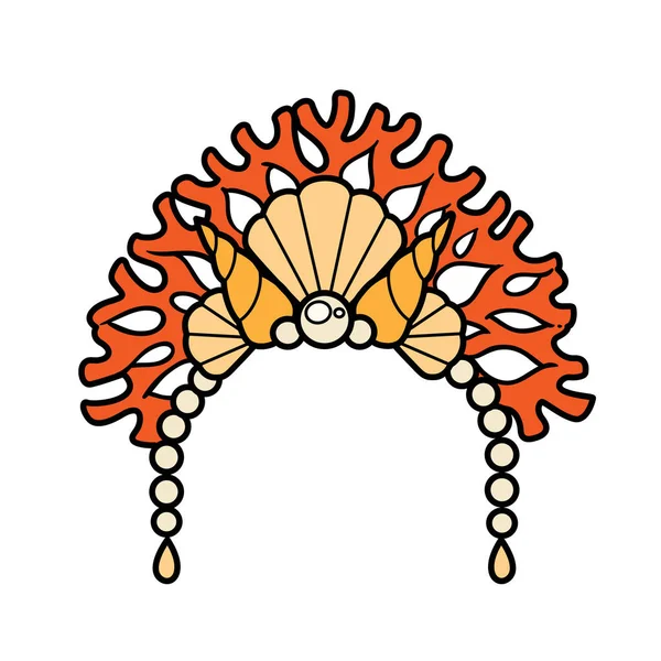 Tiara Princesa Del Mar Coral Perlas Dibujo Lineal Para Colorear — Archivo Imágenes Vectoriales