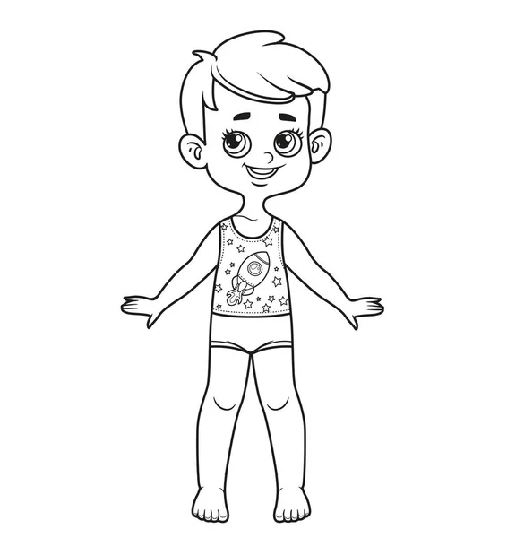 Cute Cartoon Boy Classic Haircut Dressed Underwear Barefoot Outline Coloring — 图库矢量图片
