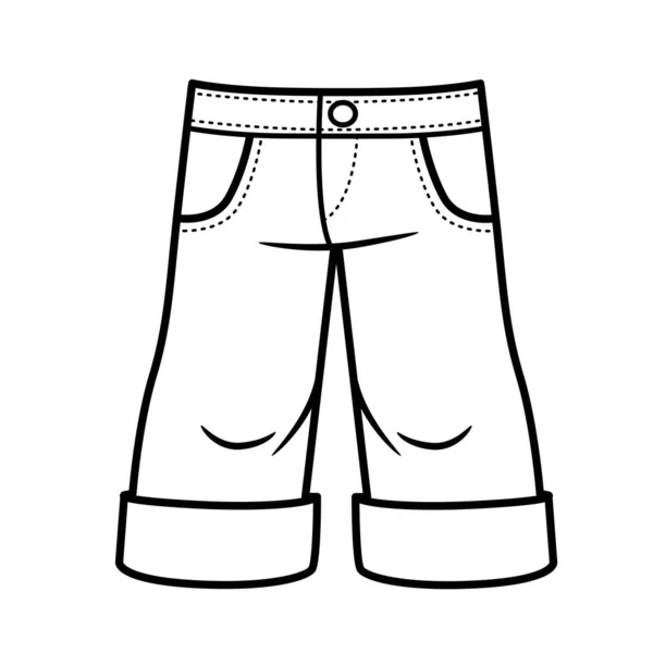 Pantalones Cortos Mezclilla Largos Para Contorno Del Niño Para Colorear — Vector de stock