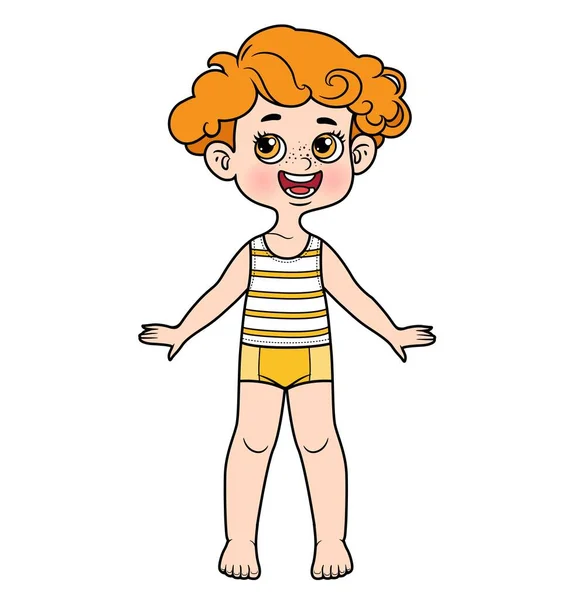 Leuke Cartoon Jongen Met Krullend Haar Gekleed Ondergoed Blootsvoets Kleur — Stockvector