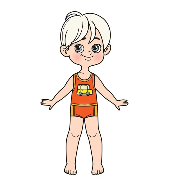 Cute Cartoon Boy Classic Haircut Dressed Underwear Barefoot Outline Coloring — Stock vektor