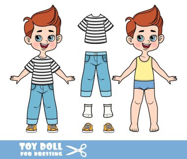 Çizgi filmci çocuk giyinmiş ve ayrı giyinmiş. Çizgili tişört, mavi kot pantolon ve turuncu spor ayakkabılı bebek.