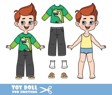 Çizgi filmci çocuk giyinmiş ve ayrı giyinmiş. Tyrannosaurus 'lu tişört, siyah kot pantolon ve turuncu spor ayakkabılı bebek.