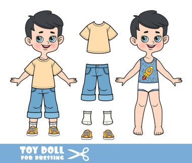 Cartoon brunette boy dressed and clothes separately - beige T-shirt, blue long denim shorts and orange sneakers doll for dressing