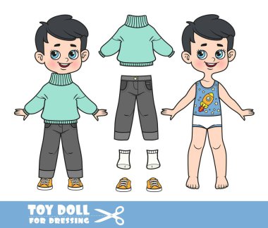Çizgi filmlerdeki esmer çocuk ayrı giyinmiş ve giyinmiş. Nane örgü süveter, siyah kot pantolon ve turuncu spor ayakkabılı bebek.