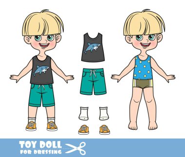 Cartoon pot-trimmed boy dressed and clothes separately - T-shirt with shark print, green shorts and orange sneakers doll for dressing