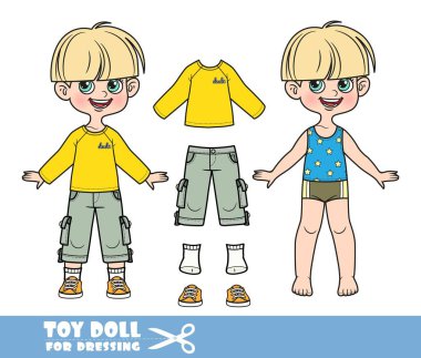 Cartoon pot-trimmed boy dressed and clothes separately - yellow T-shirt with long sleeve, shorts and orange sneakers doll for dressing 