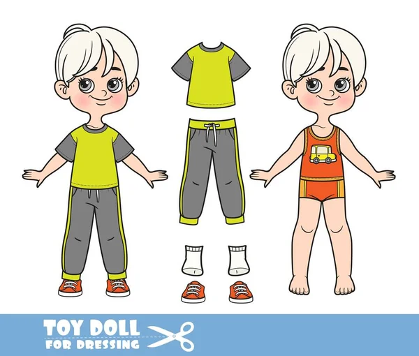 Cartoon Blond Chlapec Oblečený Oblečení Odděleně Tričko Sportovní Kalhoty Tenisky — Stockový vektor
