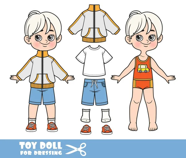 Cartoon Blond Boy Dressed Clothes Separately White Shirt Shorts Sports — Stockvector